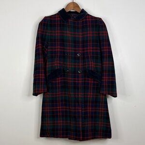 Vintage Holt Renfrew Coat Girls 12 14 Green Red Tartan Plaid Wool Overcoat